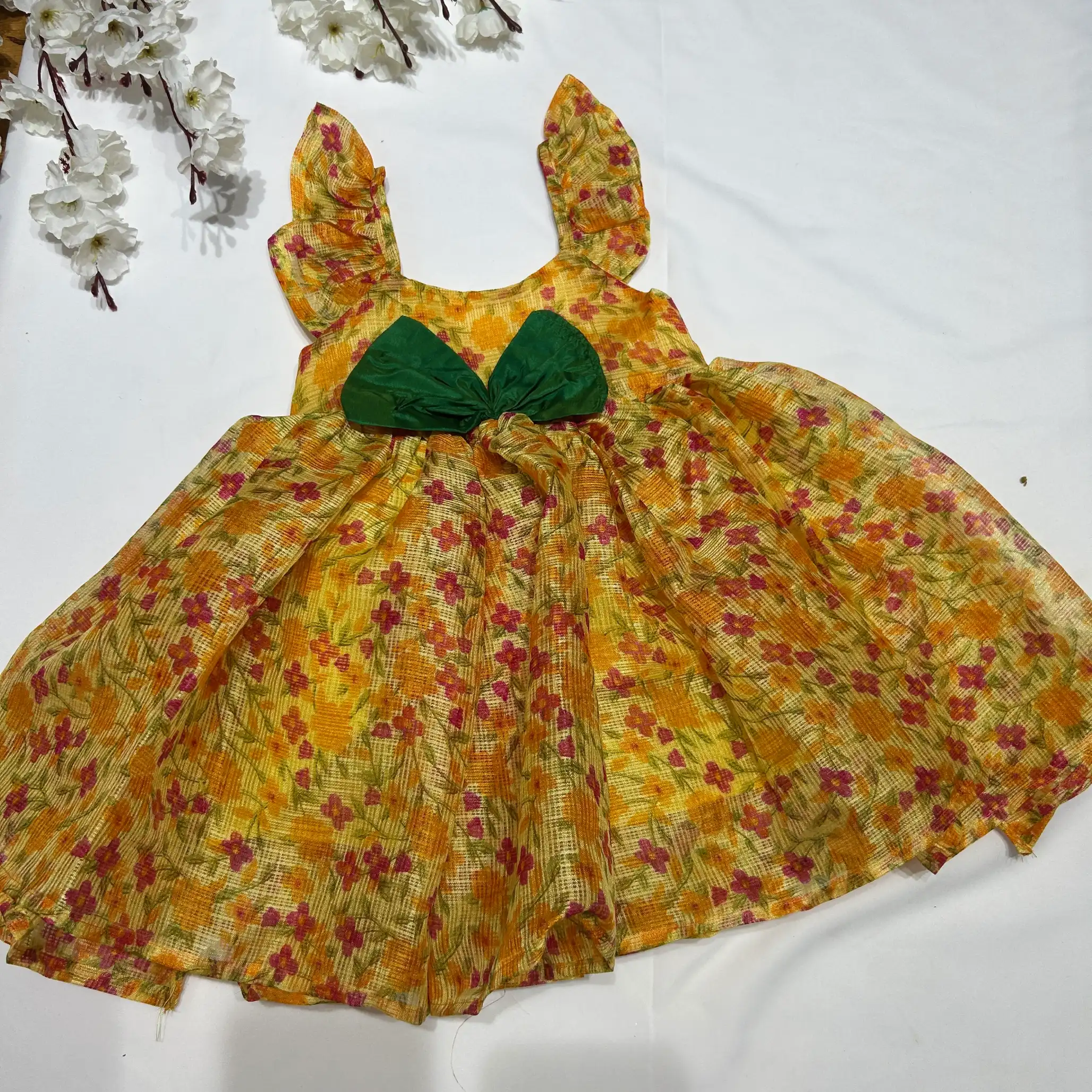 GARDEN yellow kota with bow Frock